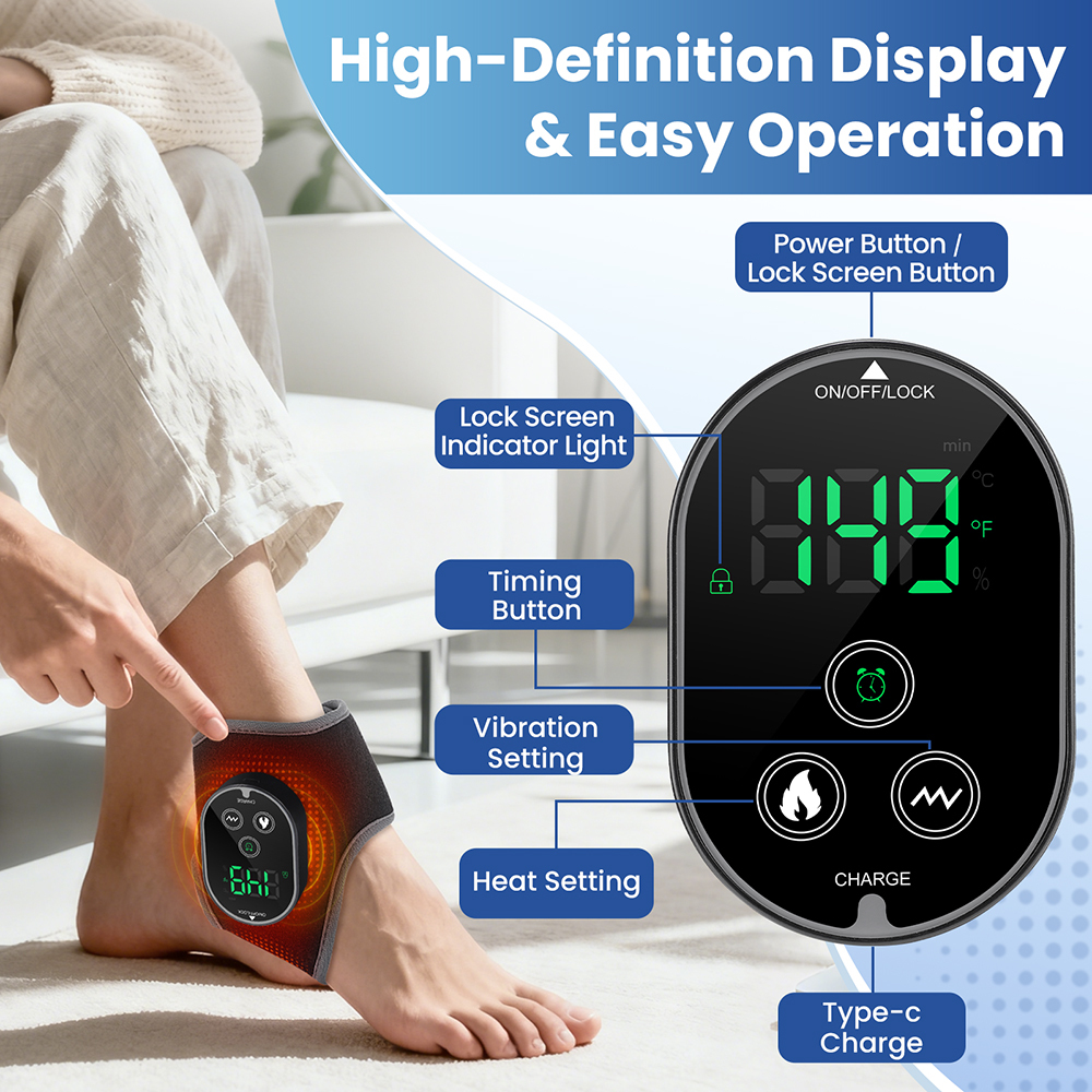 Ankle Heated Wrap Cordless, Foot Heated Brace, Ankle Heating Pad with 4 Heat Levels, 3 Vibration & Timing Modes, 3000mAh Battery, Ankle Massager with Heat for Ankle Tension, Gray 1pc