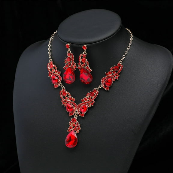 Nvzi-c Rhinestone Bridal Jewelry Sets for Women Crystal Necklace Earrings Jewelry Sets for Wedding Bridal Bridesmaid Gifts Evening Party Prom Jewelry Set-Red