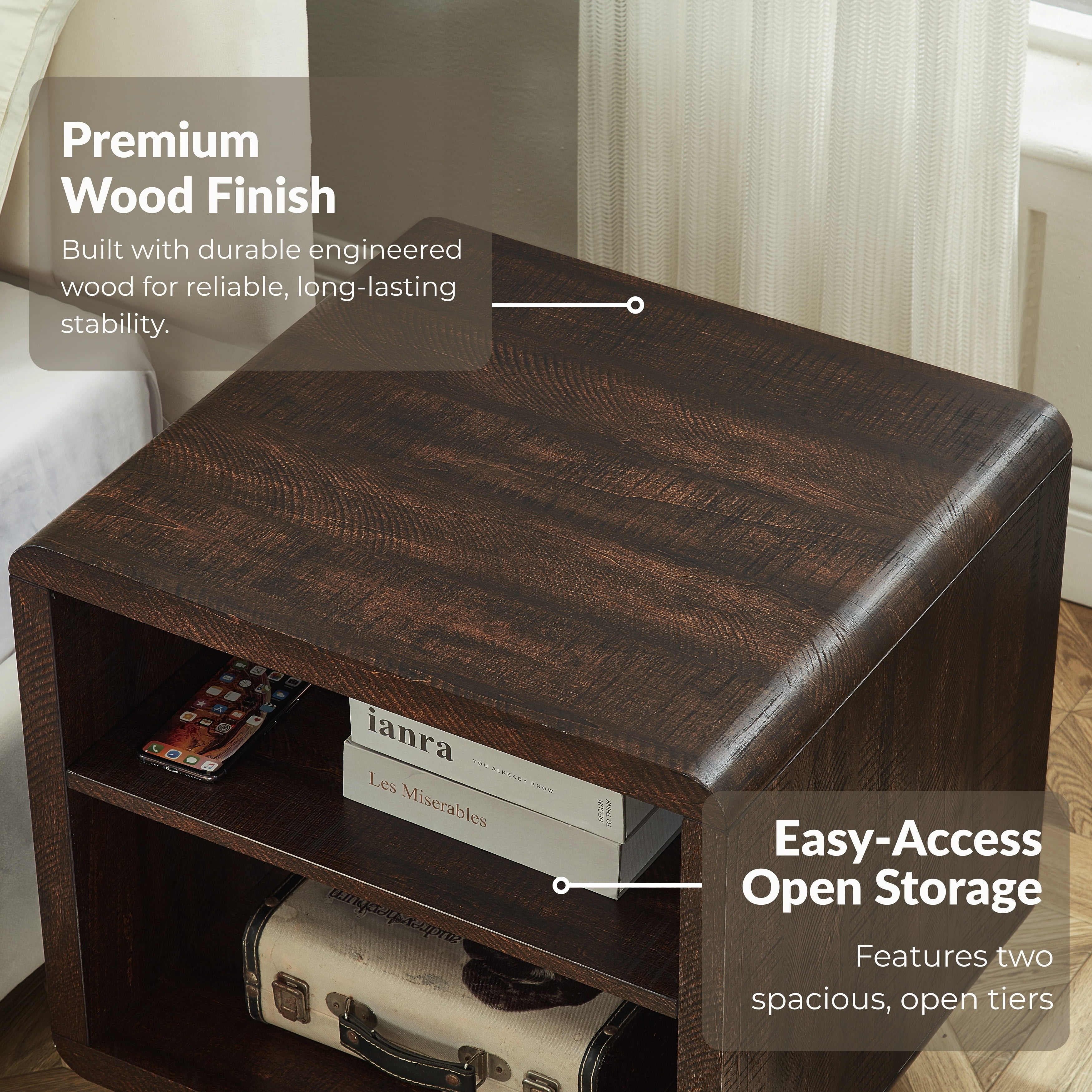 Roundhill Furniture Lux Modern Wood Shelf Side Table, Bedside Nightstand, Brown