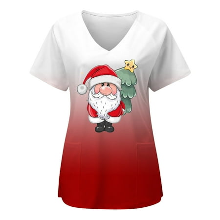 

TAIAOJING Women Scrubs Top Christmas Short Sleeve V Neck Santn Printed Top Nurses Working T Shirts Blouse With Pockets