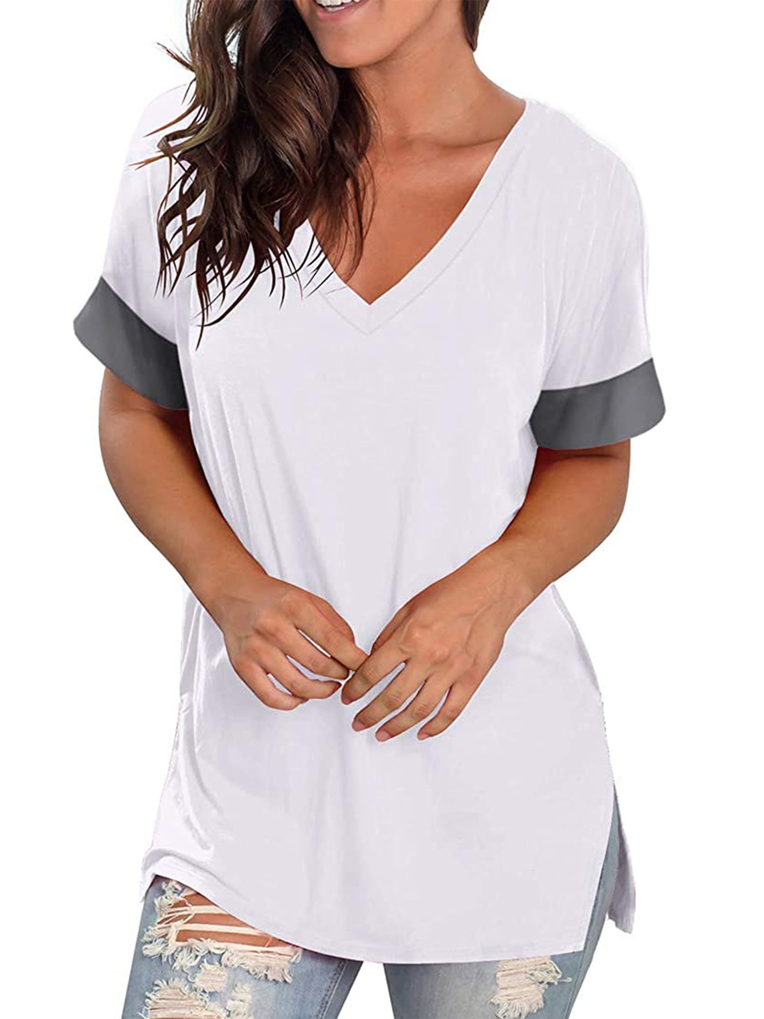 Womens T Shirts Short Sleeve V Neck Loose Casual Basic Tee Tops Summer T-Shirt Tunic Tops Blouse