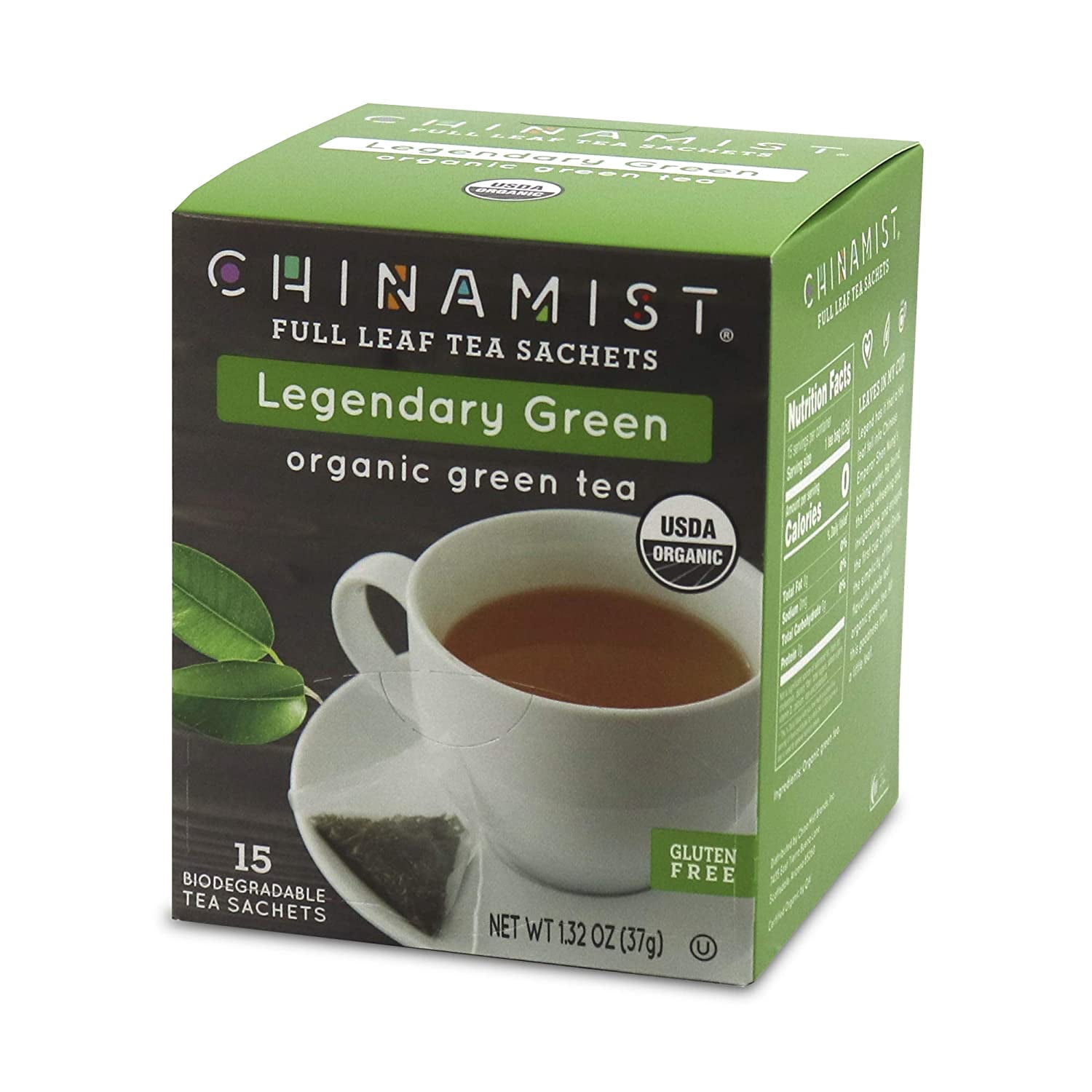 China Mist - Legendary Green Organic Full Leaf Tea Sachet, 2 boxes 15 count each - Biodegradable and Individually Wrapped