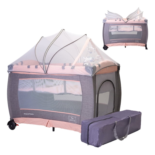 Cuna Corral Bebé AEIOU BC003 Cambiador Vibrador Mosquitero Rosa con Gris