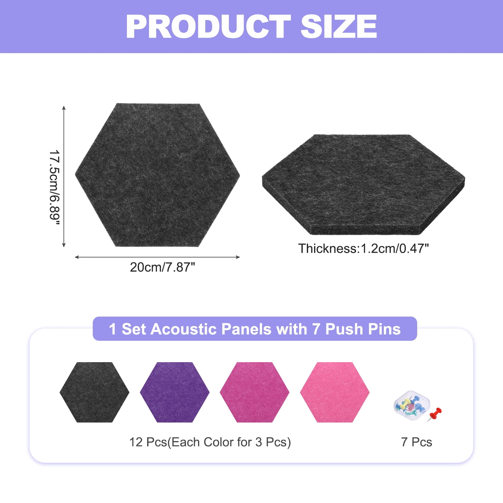 Uxcell 12 Pcs Hexagon B1 Acoustic Panels with Push Pins 7.87'' x 6.89'' Purple Black Rose Red Water Red