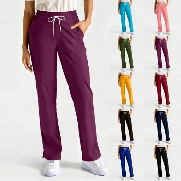 Womens 4-Way Stretch Scrub Pants Drawstring Mid Rise Straight Leg Nursing Trousers Soft Breathable Functional Side Pockets Healthcare Casual Bottoms,S,#03 Dark Purple
