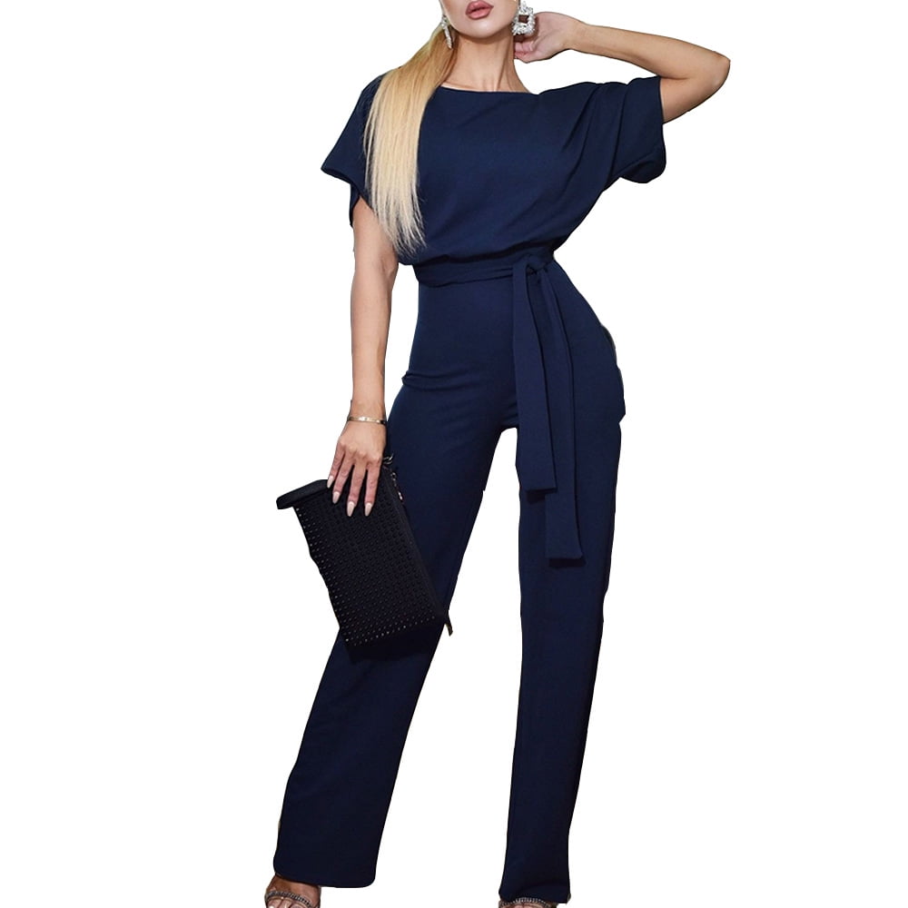 Dowager Women Casual Loose Short Sleeve Belted Wide Leg Pant Romper Jumpsuit Elegant Solid Color Party Jumpsuits Clubwear Dowager Women Casual Loose Short Sleeve Belted Wide Leg Pant Romper Jumpsuit Elegant Solid Color Party Jumpsuits Clubwear
