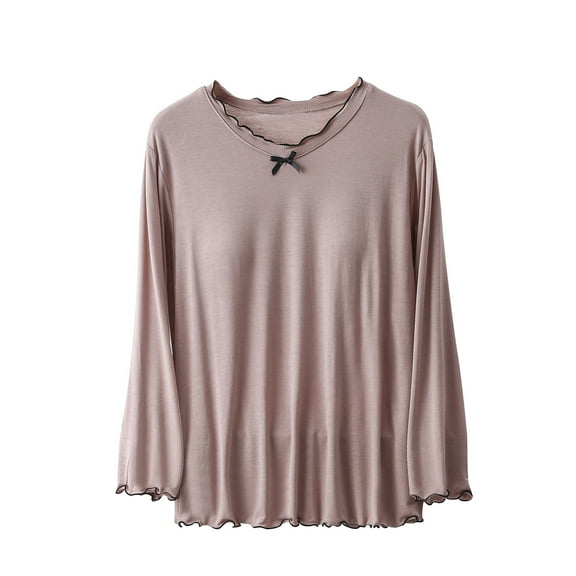 Jamicy Sleep Top Long Sleeve Solid Color Fashion Causal Soft Long Sleeve Pajama Top with Non-Detachable Chest Pad Bow Home Wear for Women