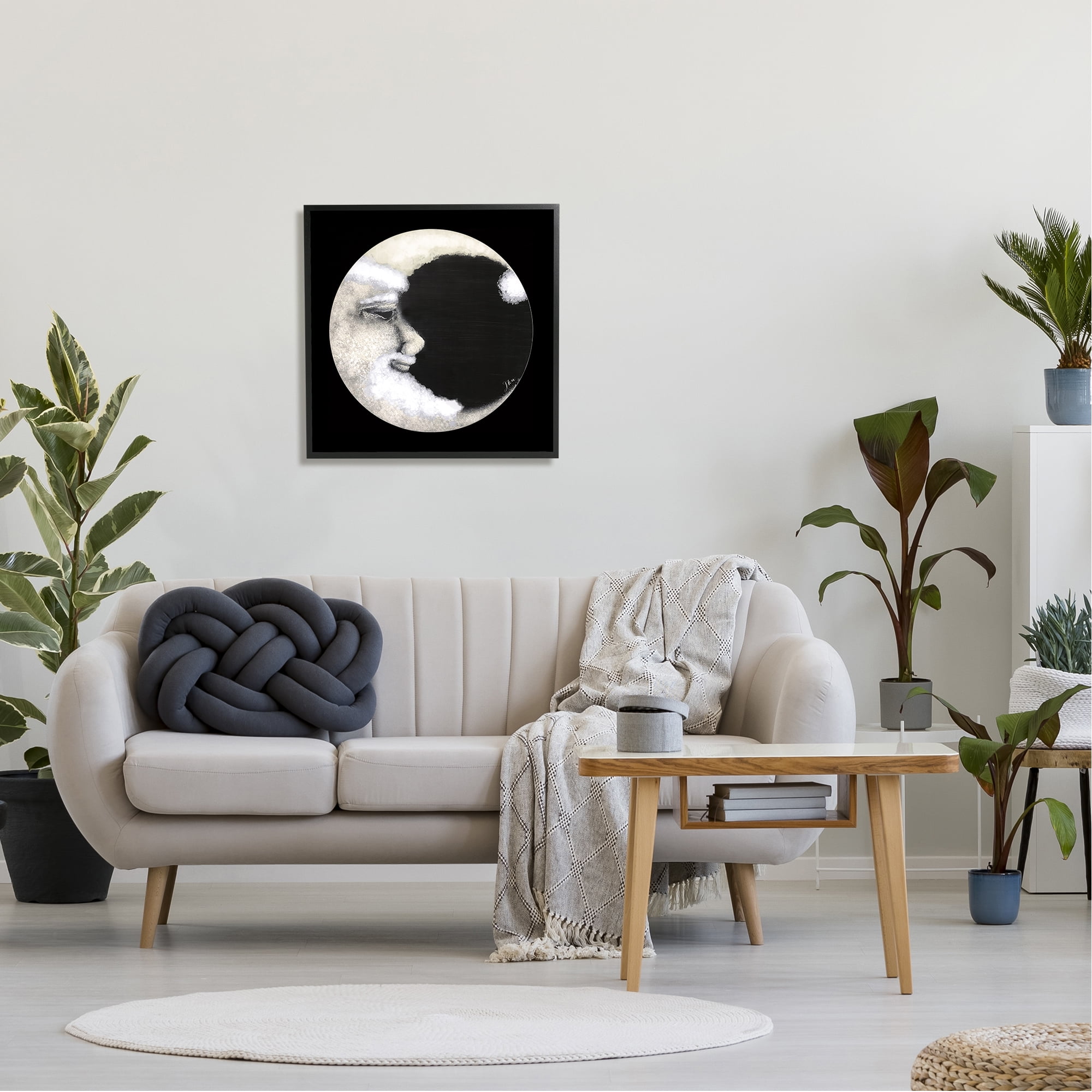 Stupell Smiling Round Moon Face Landscape Painting Black Framed Art Print Wall Art