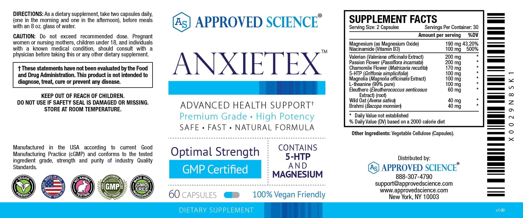 Approved Science Anxietex - Calm and Relaxation - L-Theanine and Magnesium - 60 Capsules - Vegan Friendly - 1 Month Supply
