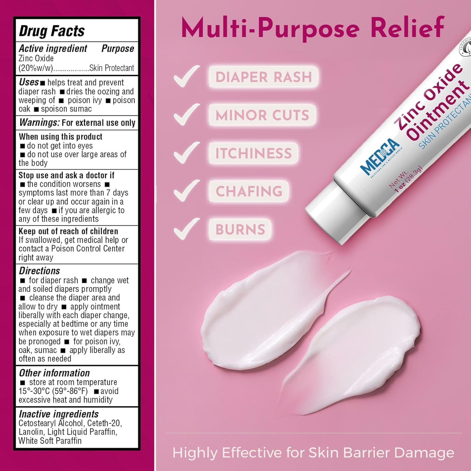 MEDca High-Potency 20% Zinc Oxide Ointment - Baby Diaper Rash Cream (Pack of 24, 1oz Tubes), Soothing, Hypoallergenic, Gentle Skin Protectant for Chafed Skin, Wetness & Overnight Protection, All Ages