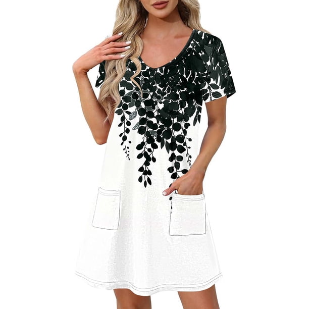 Vestido Corto de Verano Moda Gradiente Corto de Manga en V Cuello Vestido Casual, Poliéster Ligero de Verano, Lavado de Manos