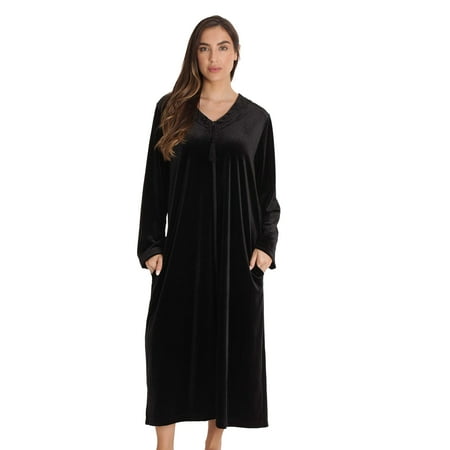 Just Love Stretch Velour Embroidered Zipper Lounger Robe for Women with Pockets (Black, 2X)