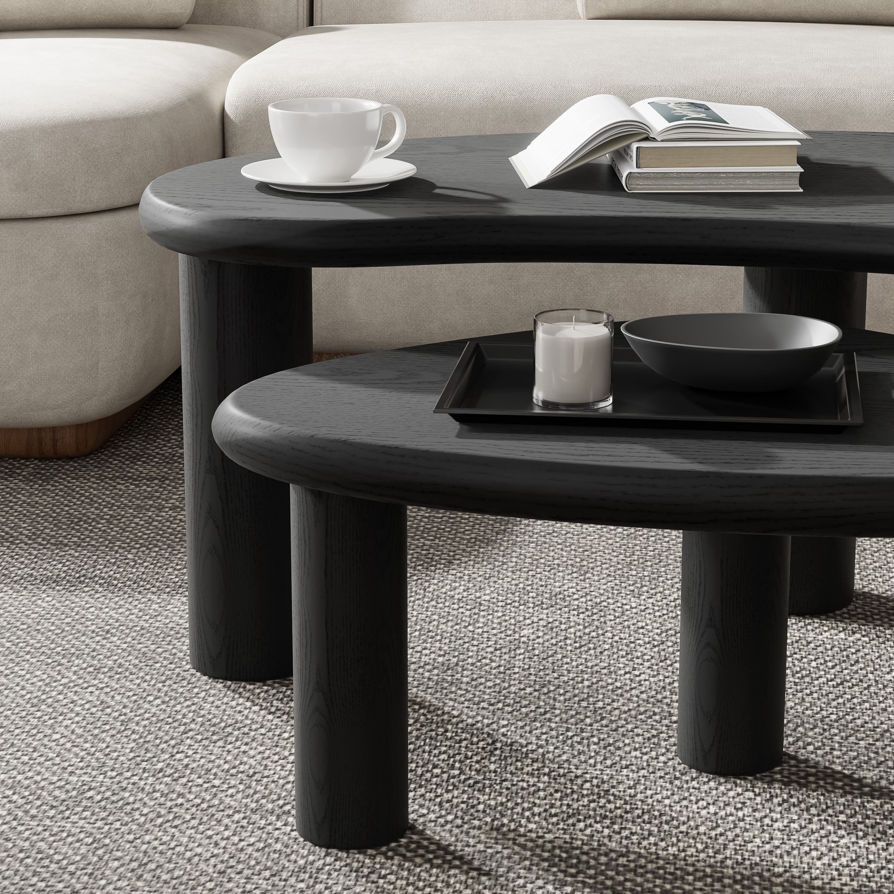 MAYEERTY 48" Cashew - Shaped Coffee Table Set, Modern Solid Wood Irregular Side Table for Living Room, Black
