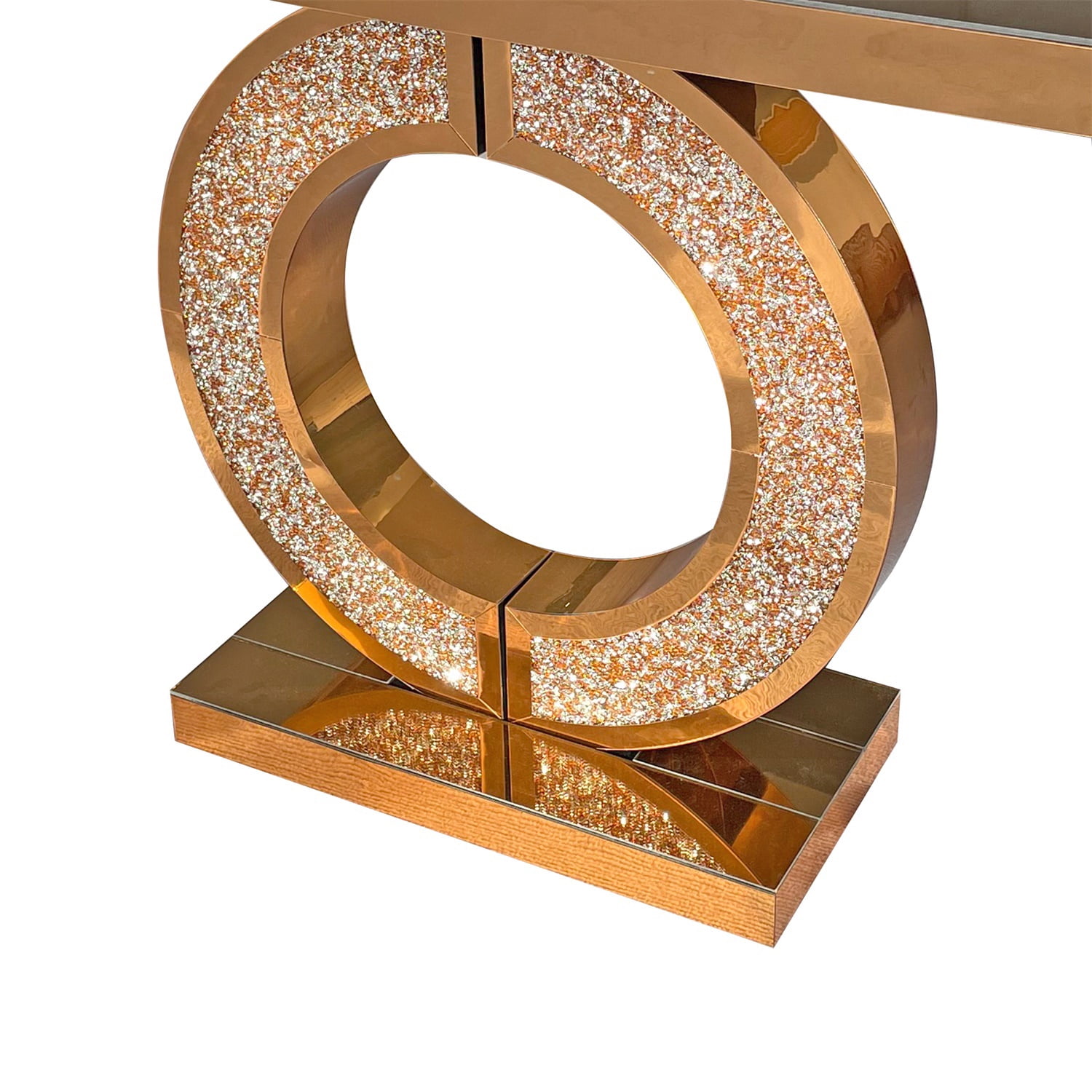 Hommoo Modern O-Shaped Mirrored Glass Console Table with Crushed diamond Inlay, Handicrafts Mirror Table for Hallway Entry, Living Room, Brown