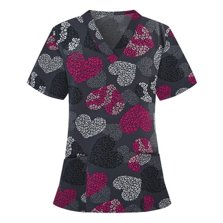 

Loalirando Women s Valentine s Day Heart Printing Scrub Tops Working Uniform Tops V-Neck Short Sleeve T-Shirt