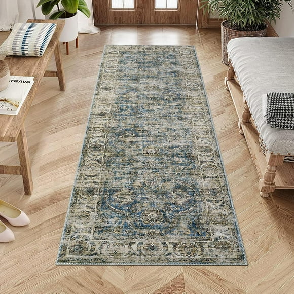 YUSAZENS 5 x 7 Vintage Low Pile Washable Runner Rug, Non-Slip Boho Kitchen and Entryway Carpet, Soft Hallway Rug for Bedroom and Laundry Room Blue