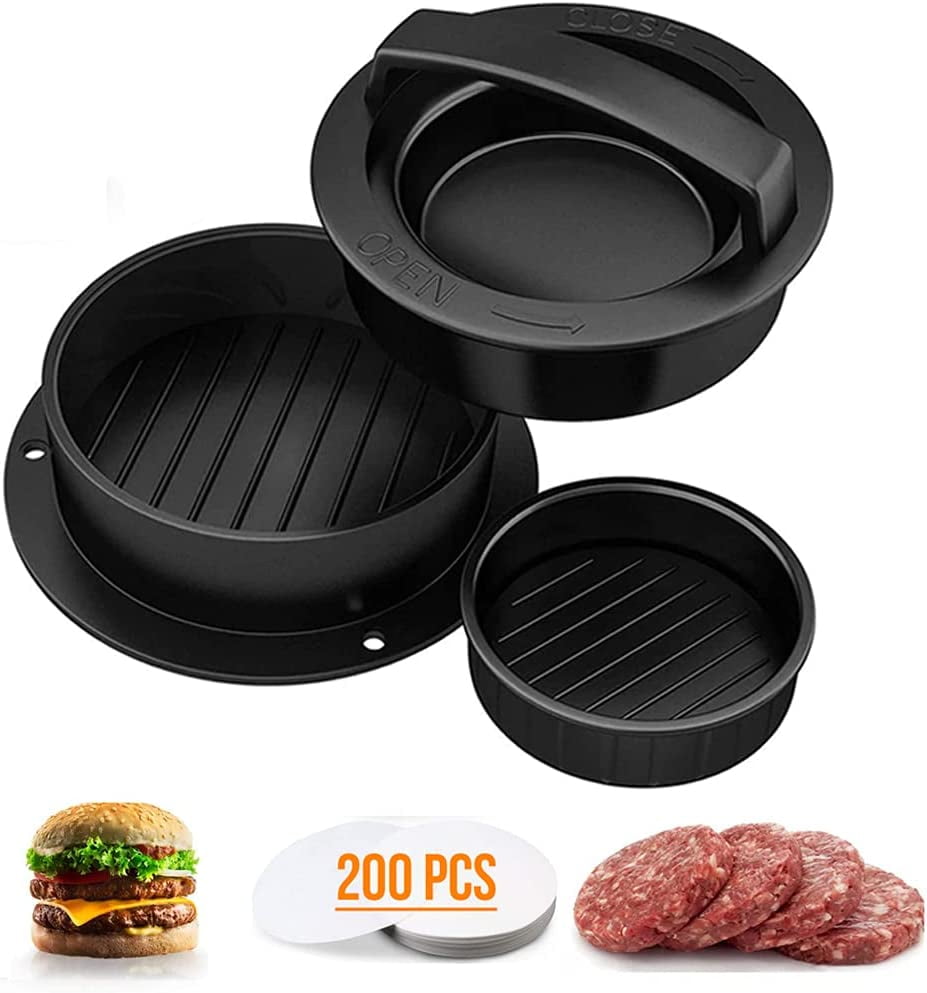 NOGIS 3 in 1 Burger Press Burger Patty Maker Nonstick Burger Press with 200 PCS Patty Paper Very Suitable for Making Stuffed Burgers Traditional Patties