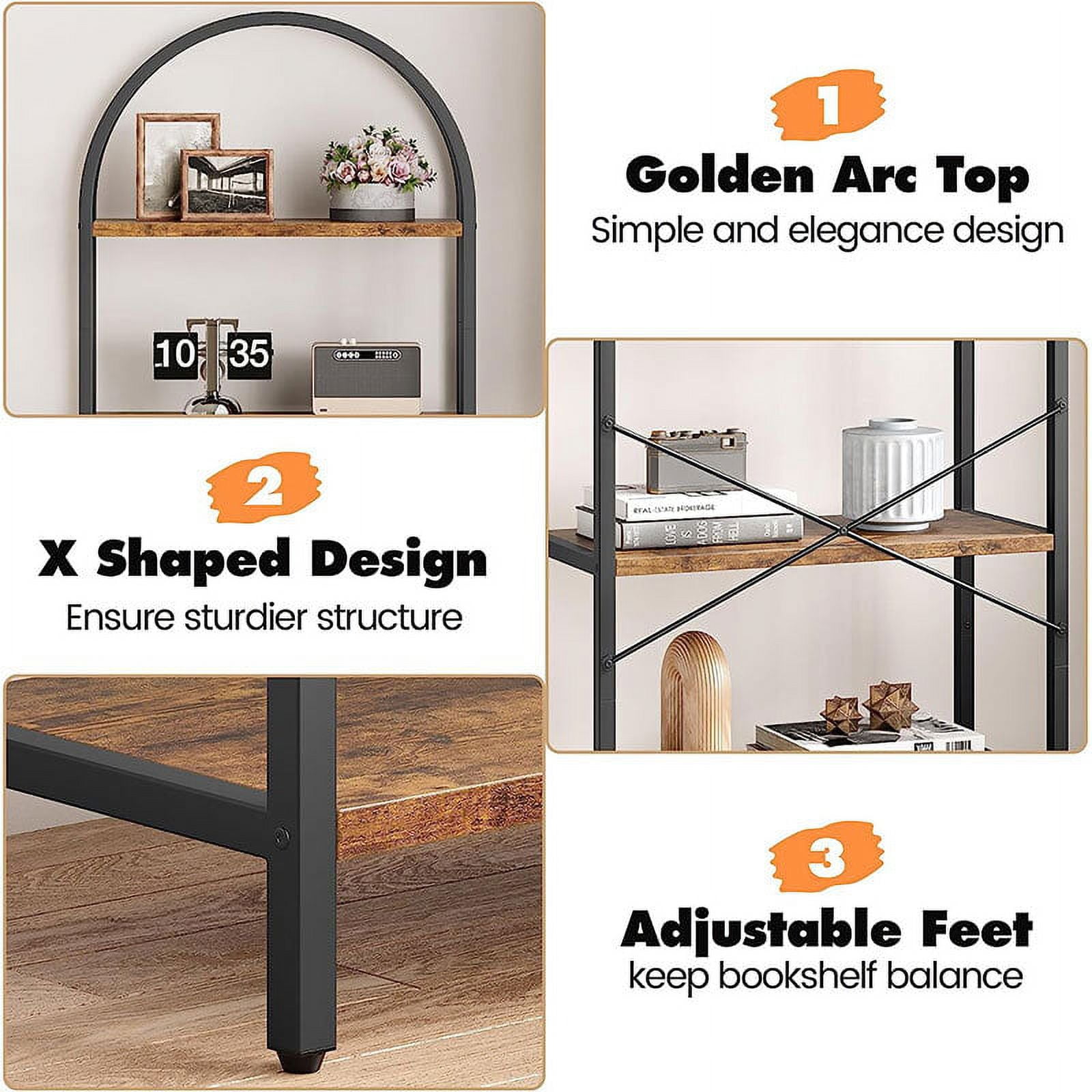 Yesfashion Bookshelf 5 Tier Bookcase Arched Display Racks Tall Standing Bookshelves Mental Frame Rustic Storage Rack Shelf Brown Book Shelf for Bedroom, Living Room, Home Office, Rustic Brown