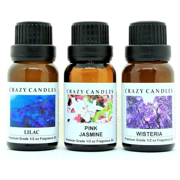 Crazy Candles 3 Bottle Set: 1 Lilac, 1 Pink Jasmine, 1 Wisteria 1/2 FL Oz Each (15ml) Premium Grade Scented Fragrance Oil Made in USA