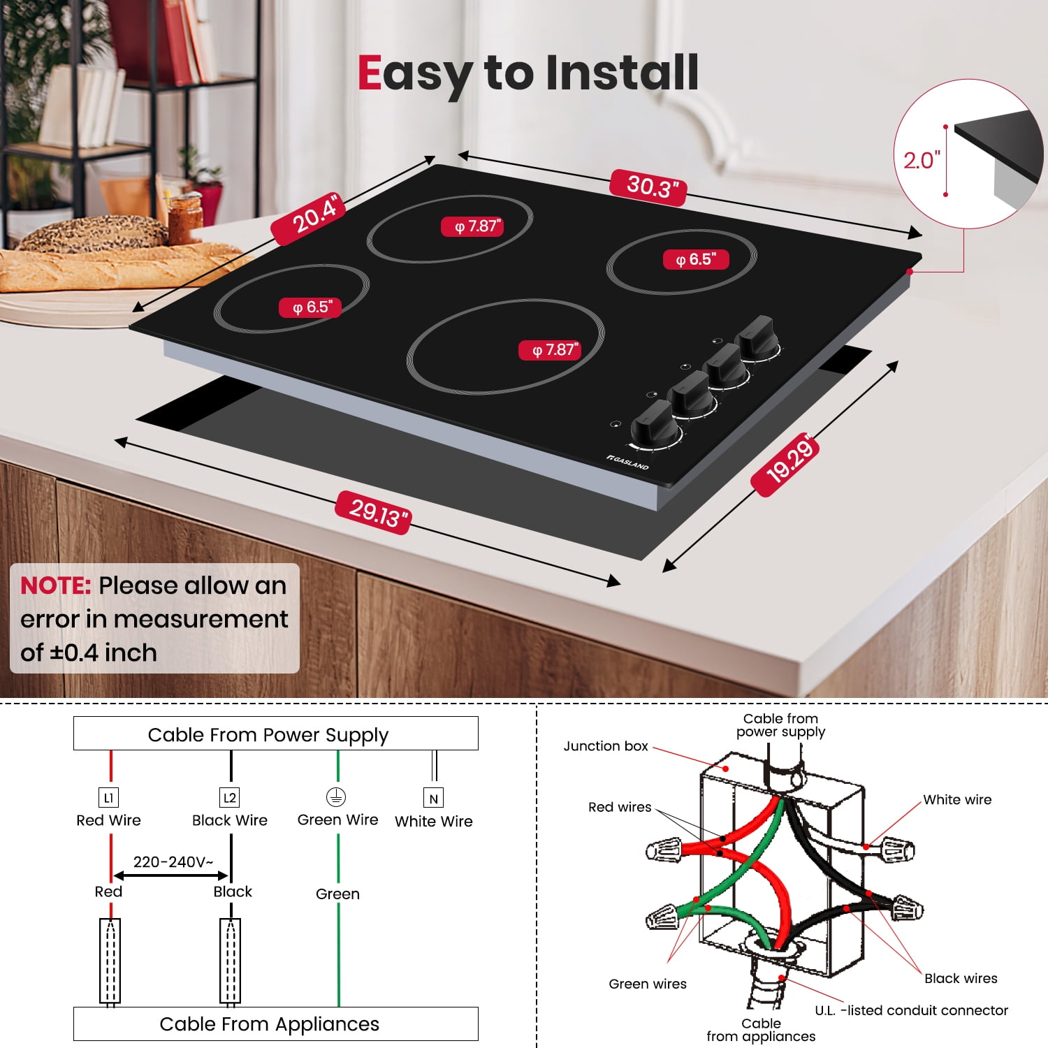 Gasland Chef 30 In Radiant Electric Cooktop with 4 Burners, ETL Approved, Knob Control, 240V