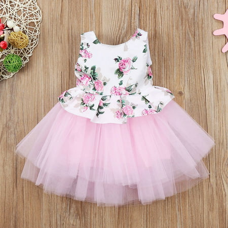 Summer Toddler Baby Girls Princess Floral Pink Tutu Tulle Party Dress Dresses