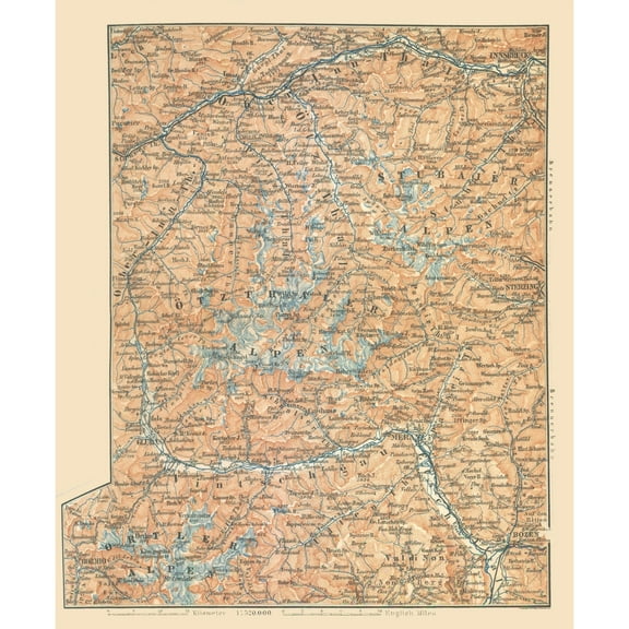 Historic Map - Austria Italy Mountains - Baedeker 1896 - Vintage Wall Art