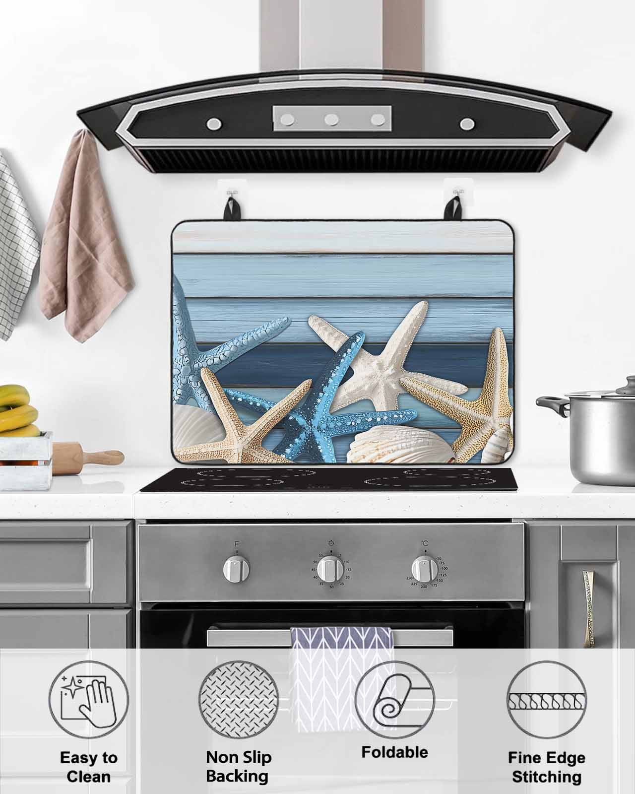 nqOlkjepod Large Induction Cooktop Protector Mat 24"x21", Coastal Starfish Stove Top Covers for Electric Stove, Blue Wooden Grain Seashells Country Stove Burner Cover Mats, Glass Top Stove Cover