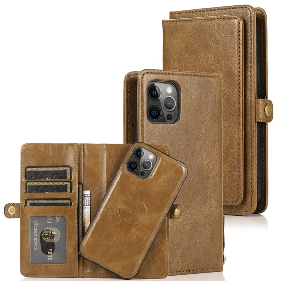 for iPhone 16 Pro PU Leather 2 in 1 Case, Detachable Magnetic Wallet Case with Card Holder, Removable Flip Folio Cover with Stand Shockproof Protective Phone Cover, Compatible with MagSafe, Brown