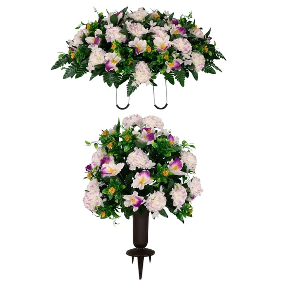 Sympathy Silks Artificial Cemetery Flowers White and Purple Carnation and Alstroemeria Saddle and One Medium Bouquet with Vase