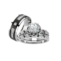 His & Hers Wedding Ring Set - Black Titanium & Sterling Silver With CZ, Oak Tree Camo