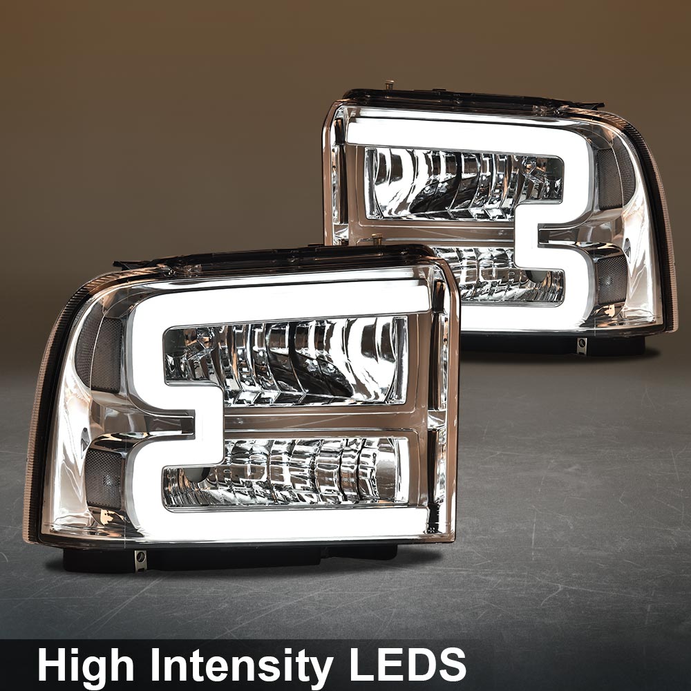 PIT66 LED Headlights,Fit for 2005-2007 Ford F250 F350 F450 F550 Super Duty/ 2005  Ford Excursion,(Not Fit Sealed Beam Headlight model) Clear Lens Chrome  Housing Clear Reflector