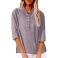 thumbnail image 2 of Women's Linen Shirts Summer Button Down V Neck Casual Blouse Spring Fashion Loose Fitting Tunic Tops Work Boho Style, 2 of 4