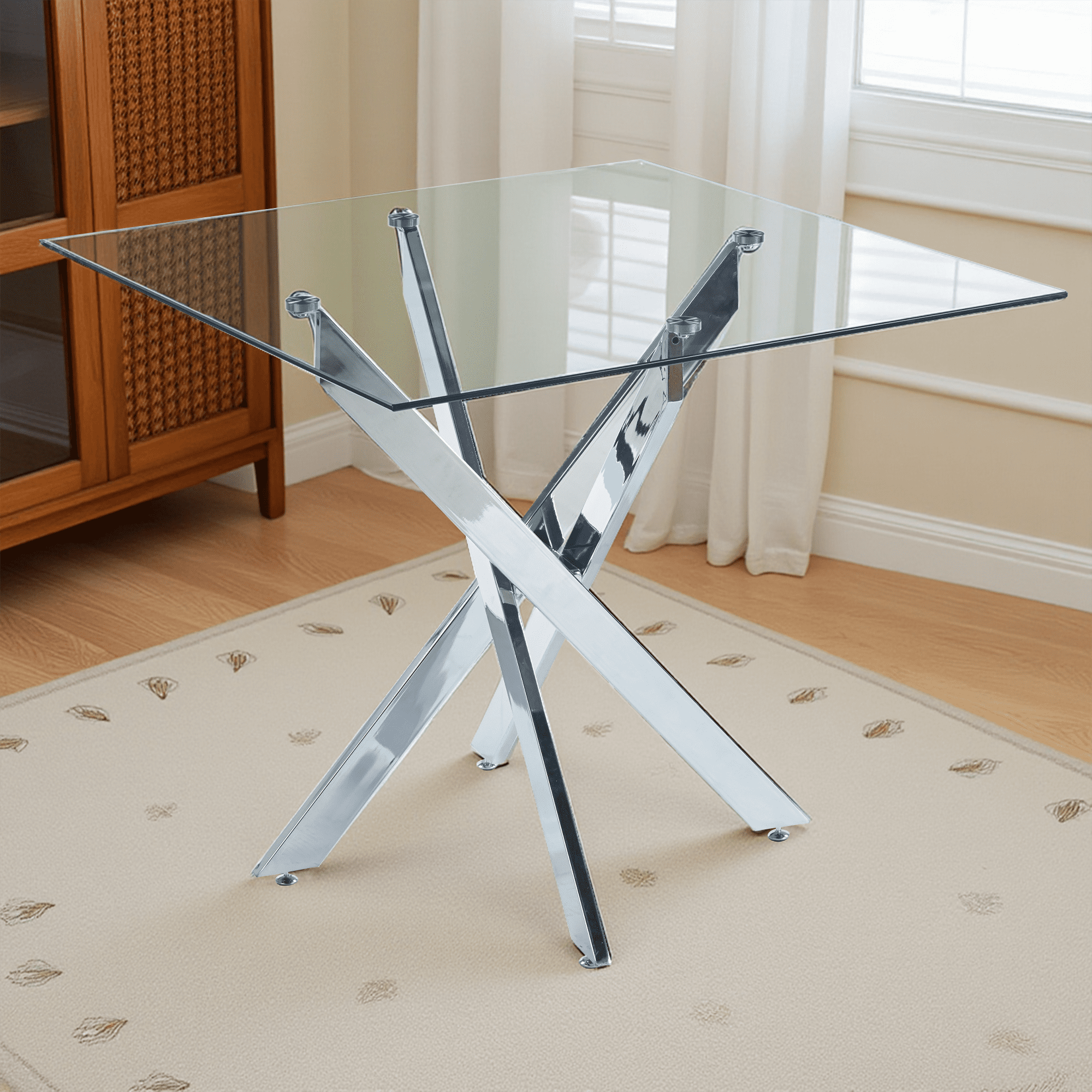 MAYEERTY Modern Golden Dining Table Cross Legs Glass Top Luxurious Living Room