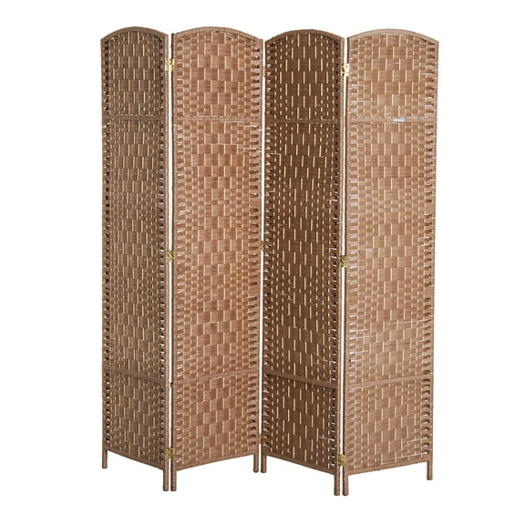 HOMCOM 6’ Tall Wicker Weave Four Panel Room Divider Privacy Screen - Natural Blond Wood