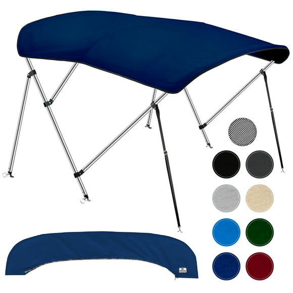 KNOX 3 Bow Bimini Tops for Boats, Fadeproof, Support Poles, Storage Boot, 900D Marine Canvas, Sun Shade Boat Canopy, Universal Boat Cover For Pontoon, V-Hull, Fishing, Bass Boat 61-66", Navy Blue