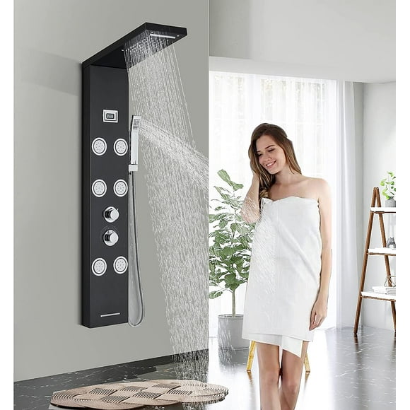 Rozin Grifo de Ducha Negro Ducha de Cascada Conjunto con Ducha de Mano Pantalla de Temperatura Sistema de Masaje Rozin 99D-HFT8018