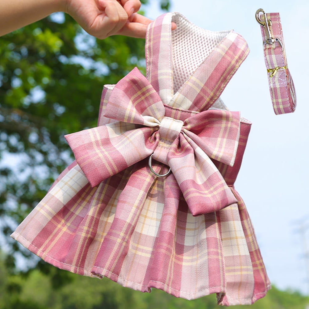 BURIBURI Dog Cat Harness with Leash Set, Doggy Dress Plaid Puppy Girl Skirt with Lead Rope, Cute No Pull Comfort Dog Harness Breathable Lightweight Vest Jacket for Rabbits Outdoor Training Walking