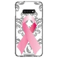 thumbnail image 1 of DistinctInk Clear Shockproof Hybrid Case for Samsung Galaxy S10e (5.8" Screen) - TPU Bumper, Acrylic Back, Tempered Glass Screen Protector - Grey Damask Pink Ribbon - Breast Cancer Awareness, 1 of 2