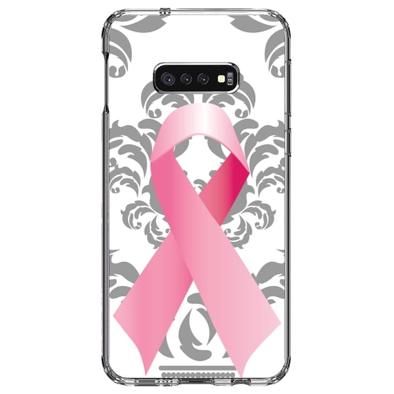 DistinctInk Clear Shockproof Hybrid Case for Samsung Galaxy S10e (5.8" Screen) - TPU Bumper, Acrylic Back, Tempered Glass Screen Protector - Grey Damask Pink Ribbon - Breast Cancer Awareness