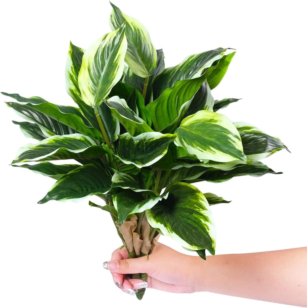 NOGIS 4 Pack Artificial Plants, Faux Dieffenbachia Green Leaves Shrubs Plants Realistic Fake Variegated Hosta Greenery Leaf for Home Shelf Office Party Garden Bathroom Decoration