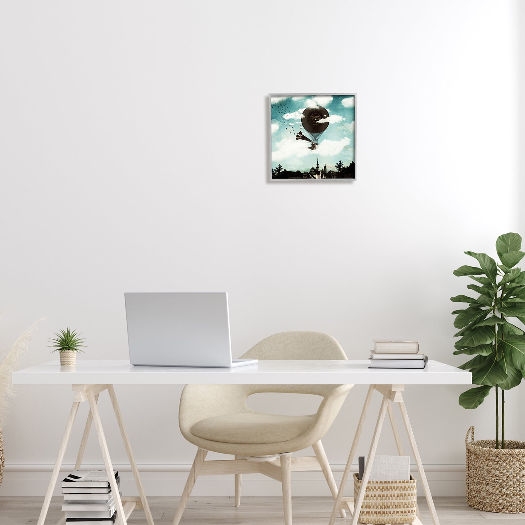Stupell Industries Serene Gramophone Flying Birds Clouds City Buildings Framed Wall Art, 12 x 12, Design by Paula Belle Flores