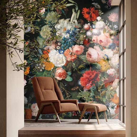 Dark Floral Wall Mural Peel and Stick 148" W x 98" H Large Flower Wallpaper Self Adhesive for Bedroom Living Room TV Background Decor Paintings Art