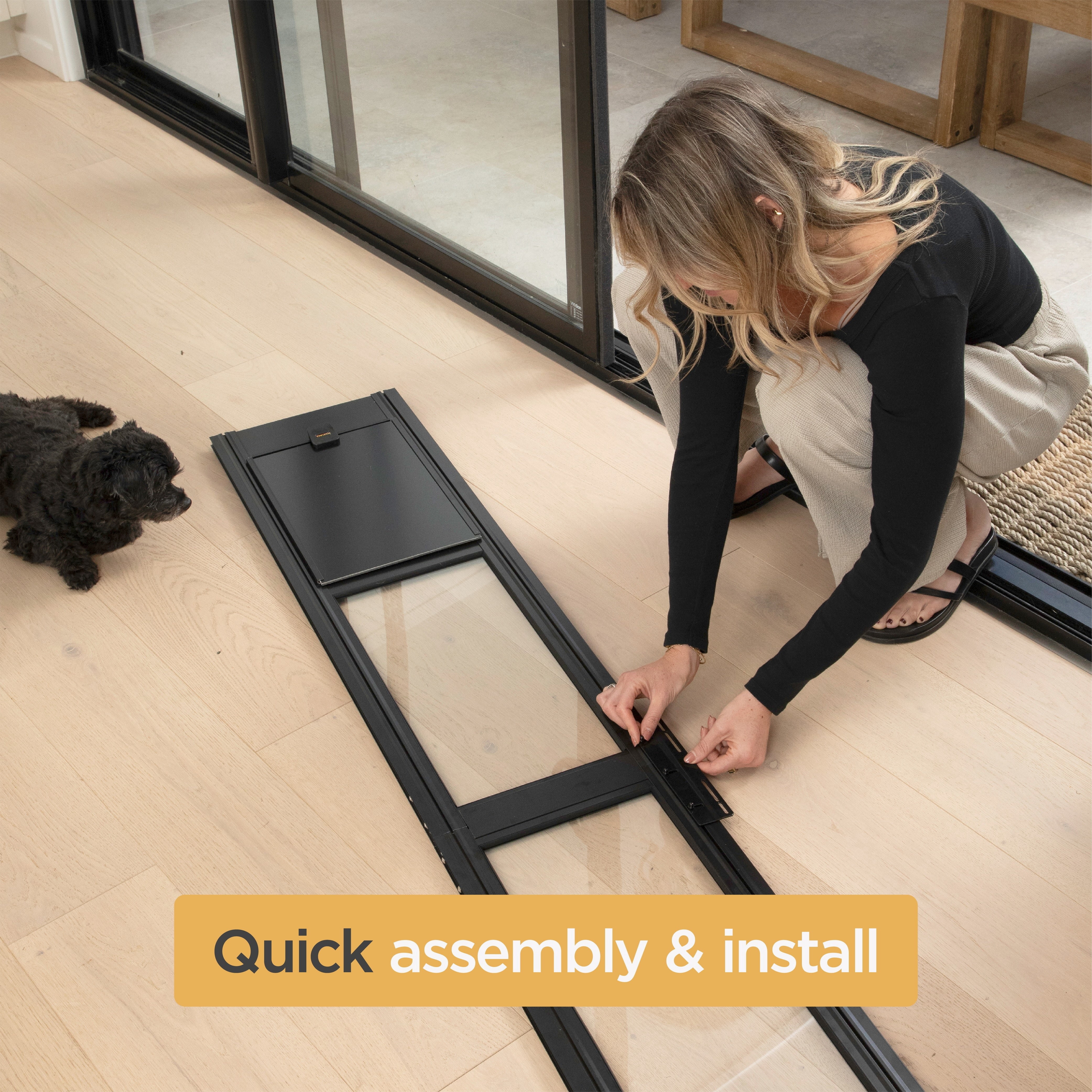 Hakuna Pets Small Black Glass Sliding Door Patio Pet Door, With Lockable Flap, Suitable for Most Sliding Doors, For Dogs & Cats