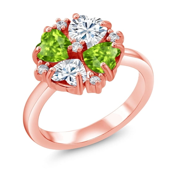 Gem Stone King 18K Rose Gold Plated Silver Green Peridot and Moissanite Ring for Women (2.08 Cttw, Heart Shape 5MM, Gemstone August Birthstone, Size 9)