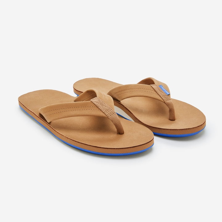 Hari Mari Men s Fields Leather Memory Foam Arch Support Flip Flops Tan Blue 1031 105