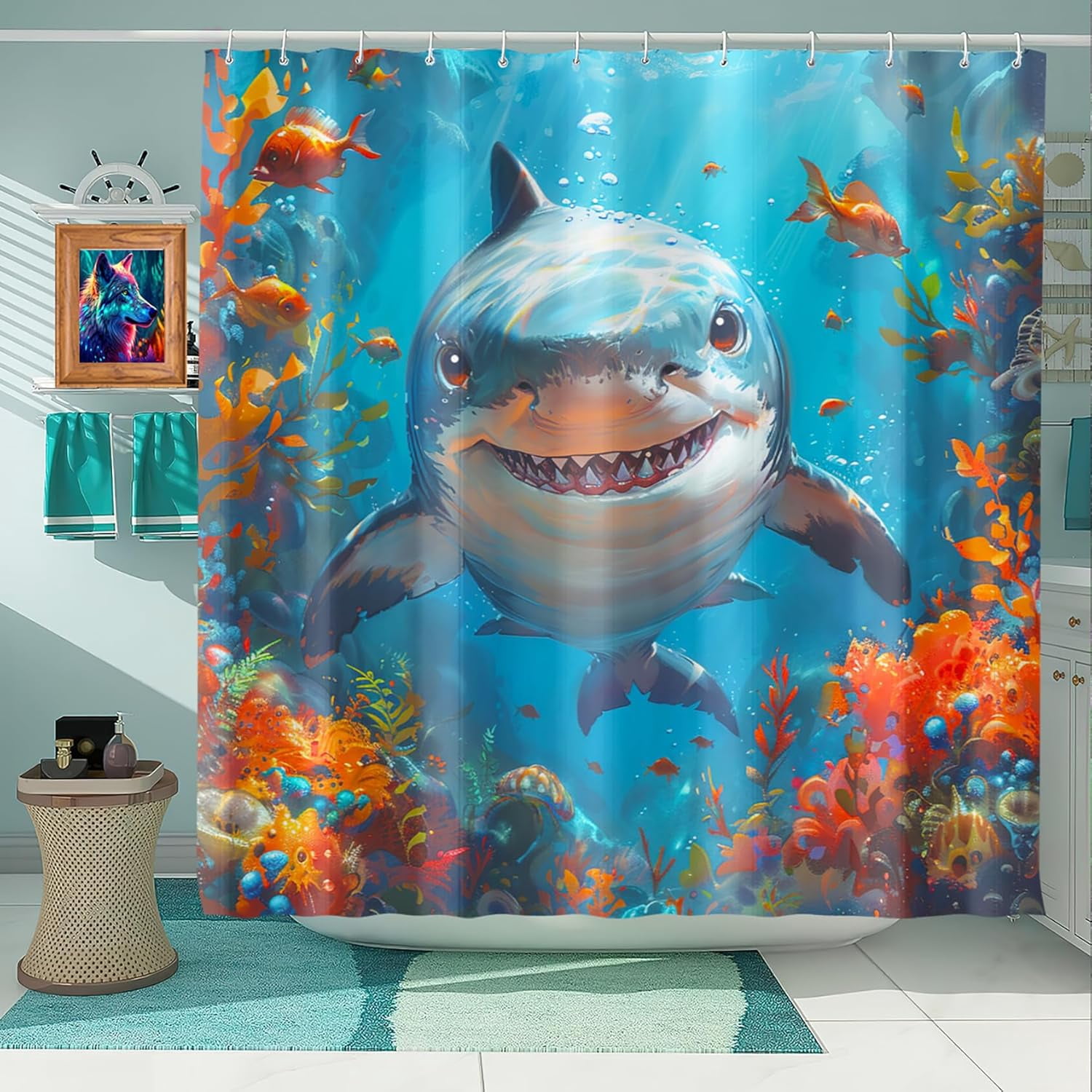 4 Pcs Shark Shower Curtain Set - Shark Bath Curtain, Blue Shark Bathroom Ocean Themed Shower Curtain for Kids Boys Girls, Sea Animal Shower Curtain with Rug, Toilet Cover, Bath Mat with 12 Hooks