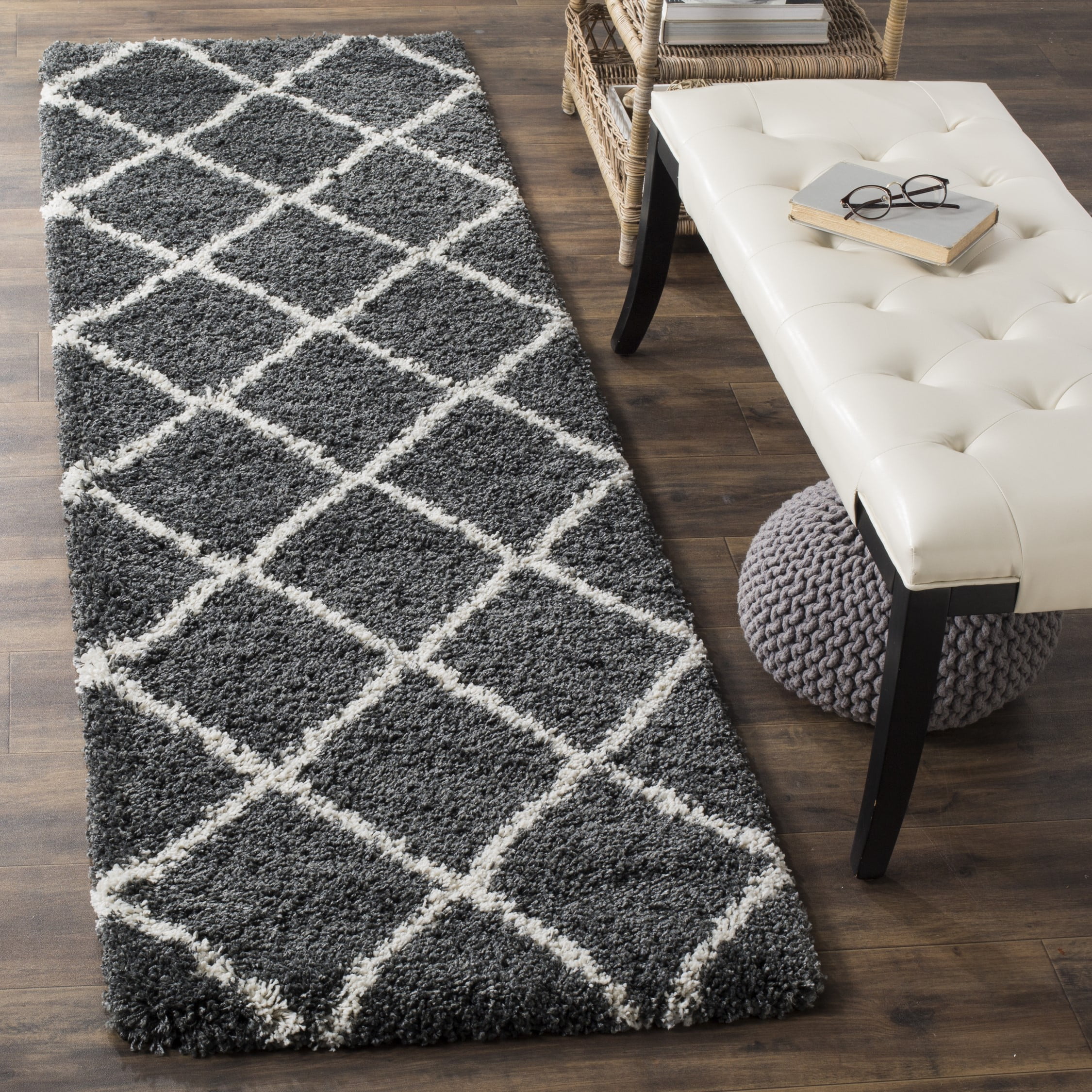 SAFAVIEH Hudson Amias Plush Geometric Shag Runner Rug, Dark Grey/Ivory, 2'3" x 14'