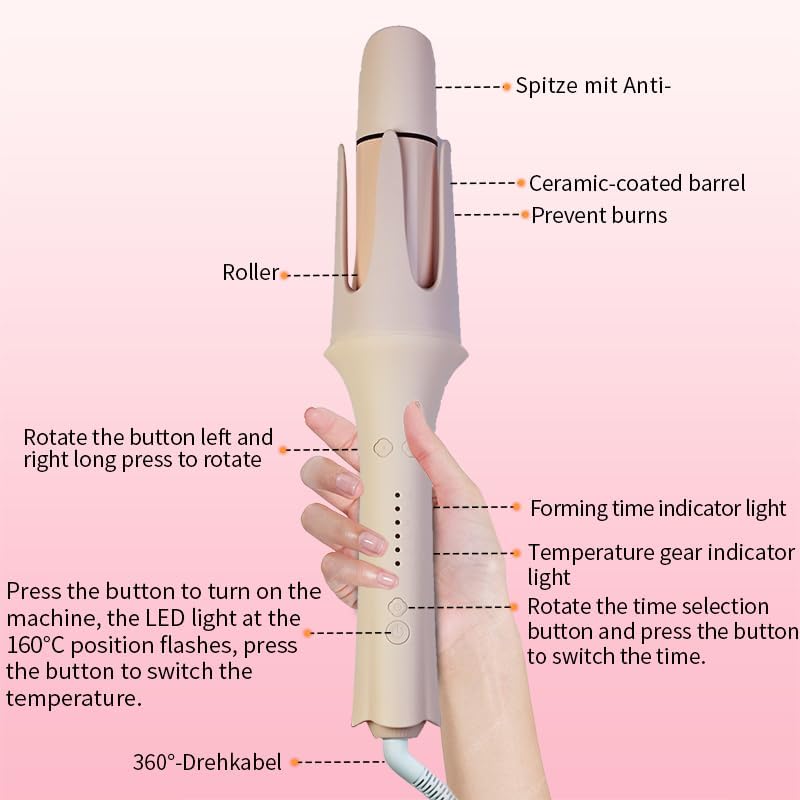 Automatic Hair Curler with 4 Temperature Settings, Auto-Rotating Ceramic Curling Iron with Anti-Tangle & Anti-Scald Design