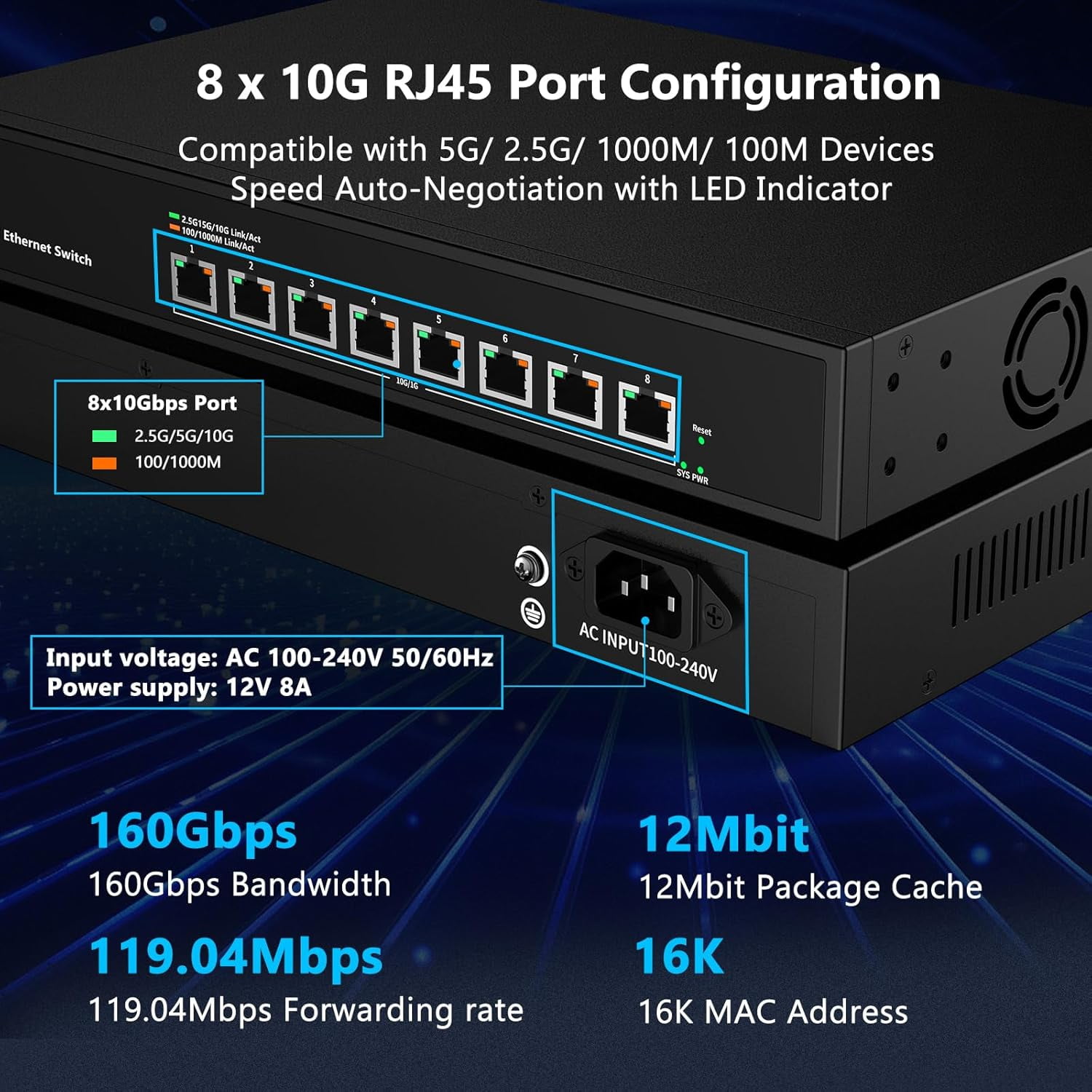 8 Port 10Gb RJ45 Web Managed Network Ethernet Switch 8 x 10G Base-T Port | Multi-Gig 10G-5G-2.5G-1G | Built-in Fan | 160G Bandwidth | 10Gbps for 10G NAS, PC, WiFi7 Router, 10G Adapter/NIC