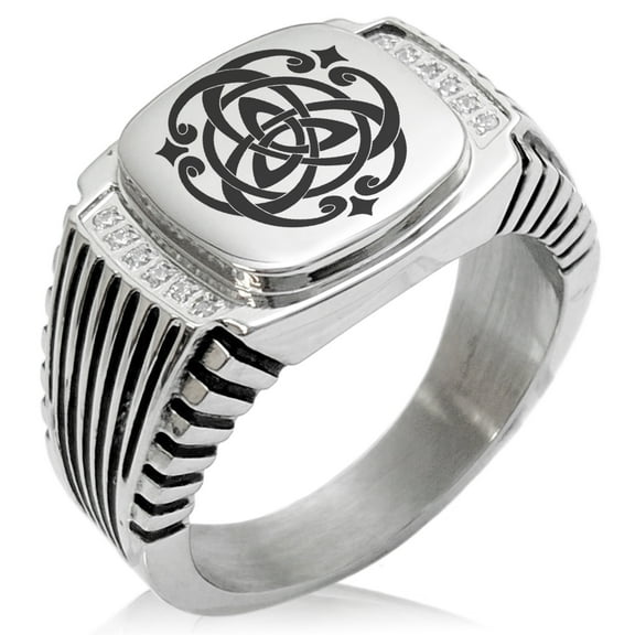 Stainless Steel Celtic Triquetra Heart Knot CZ Ribbed Needle Stripe Pattern Biker Style Polished Ring